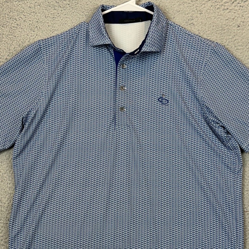 Greyson Polo Shirt Mens Large Blue Geometric Golf Stretch Performance Rugby EUC